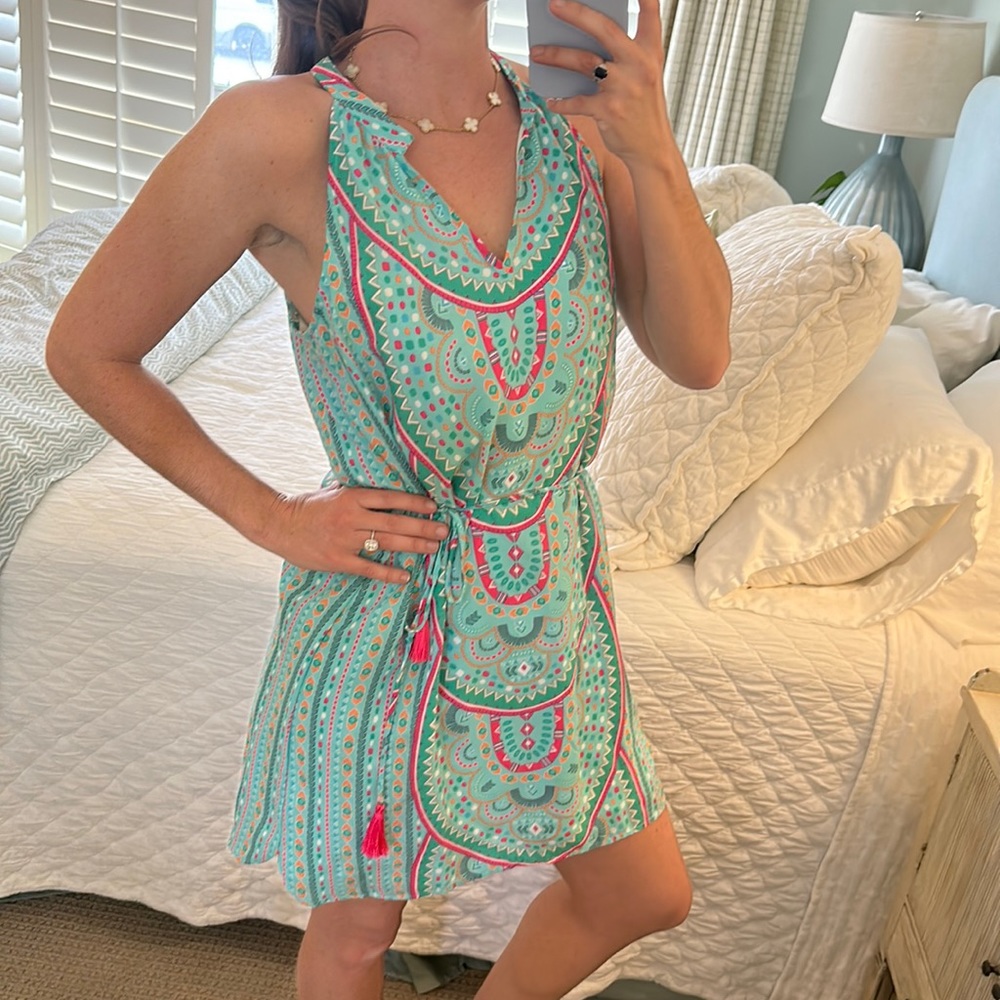 Britt Ryan cocktail dress, size small, polyester, turquoise orange pink green
